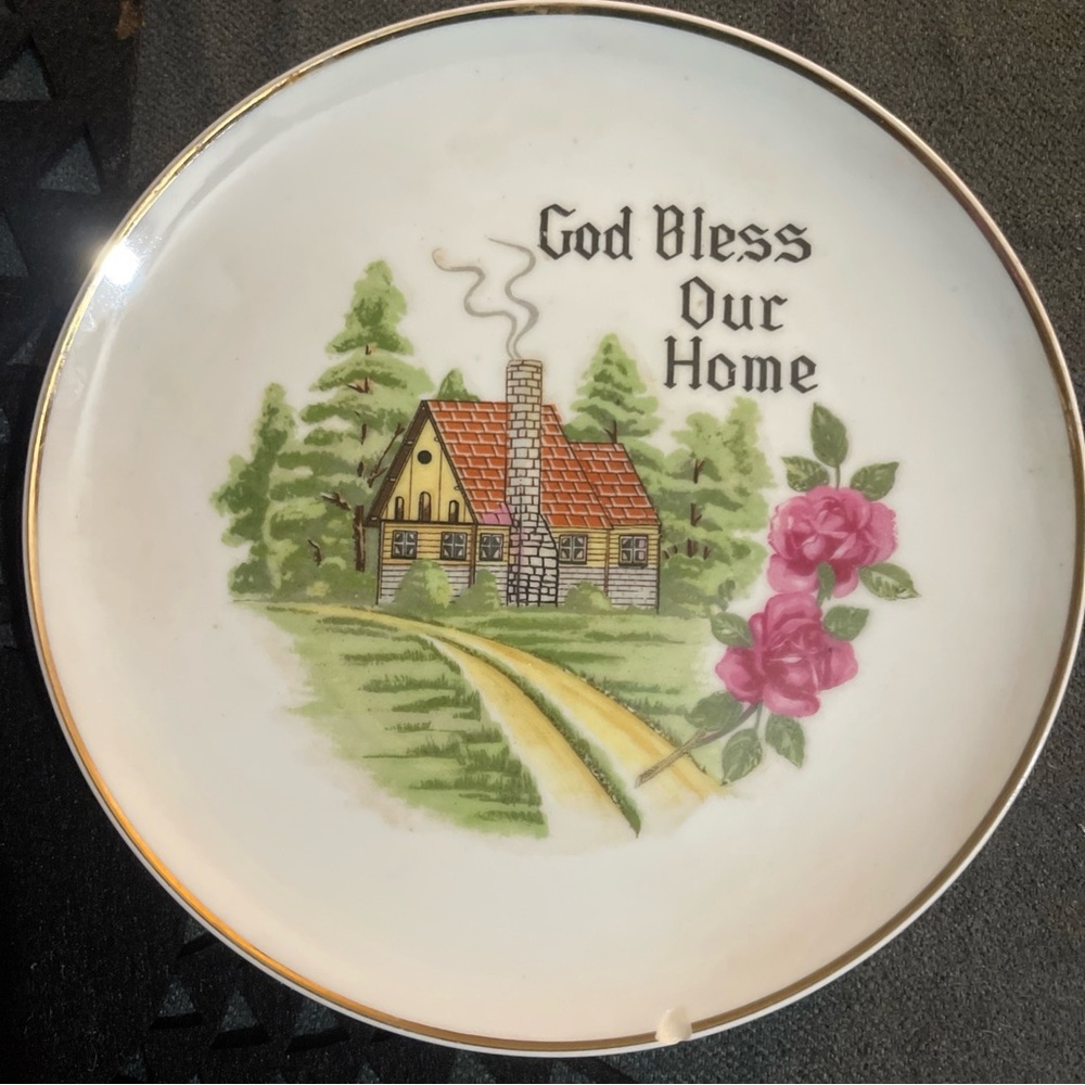 Antique Plate with Cottage and Floral Design